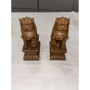 VINTAGE CHINESE PAIR OF STONE BROWN COLOR FOO DOGS BOOKENDS